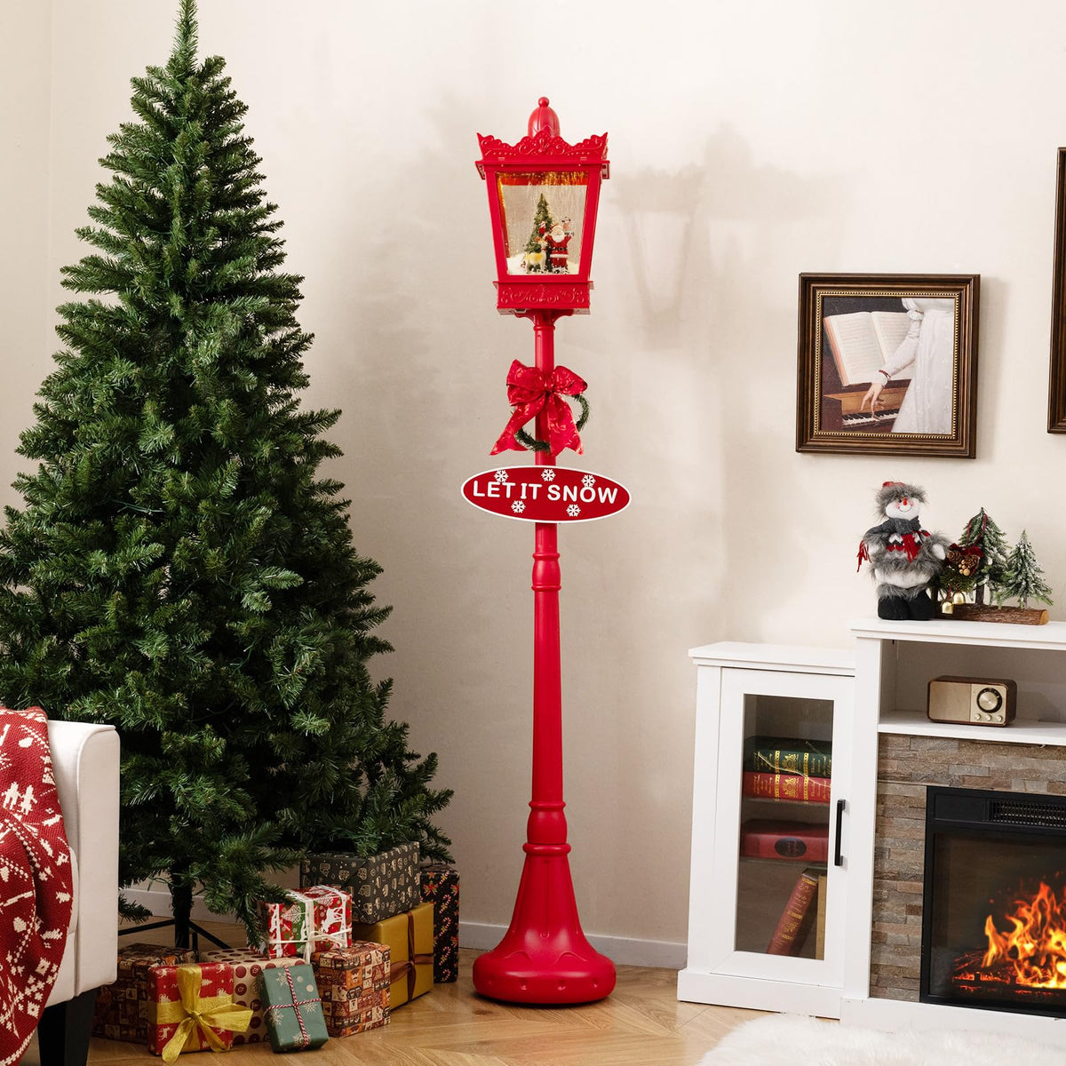 Tangkula 8 Ft Musical Christmas Street Light with Snow & Santa Scene