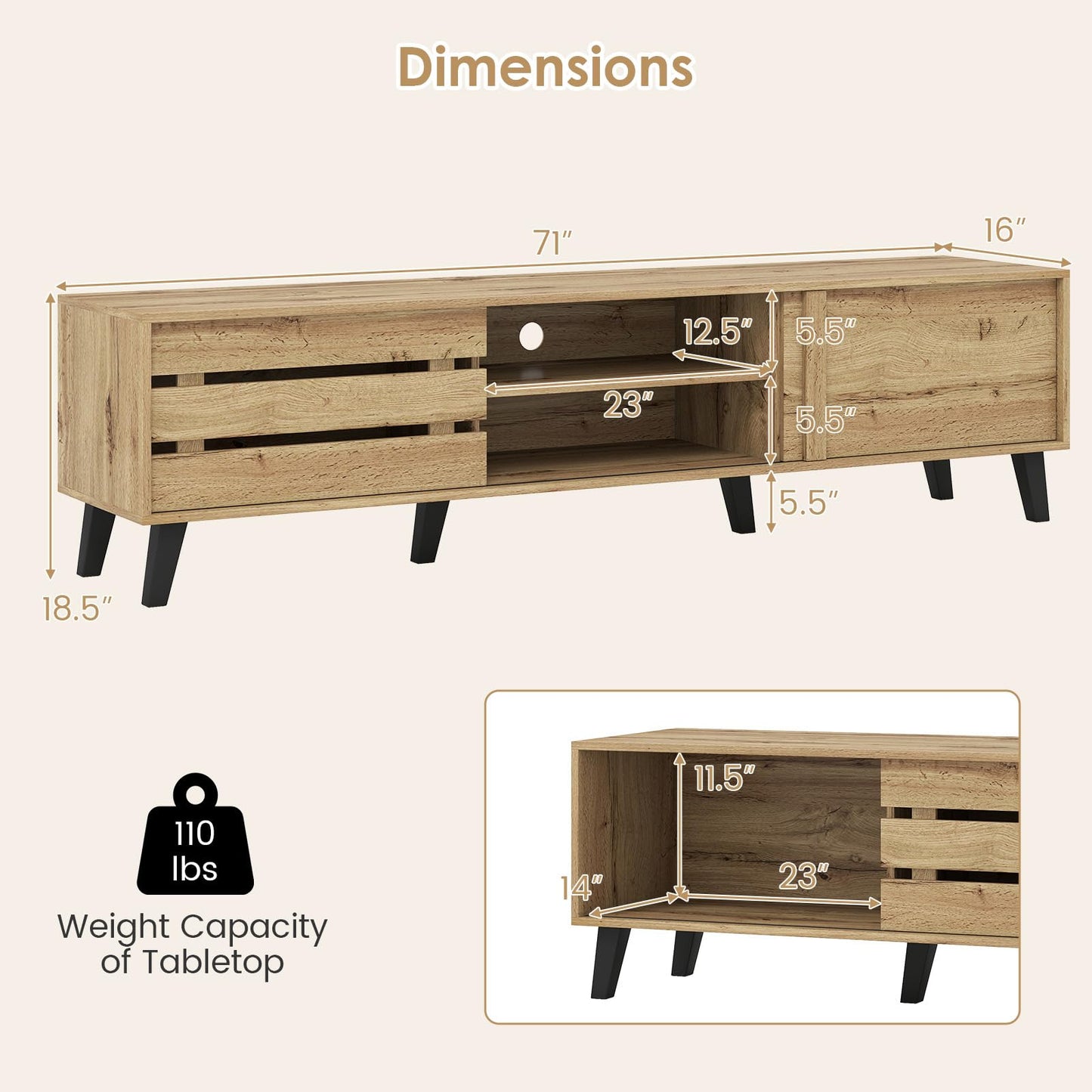 Tangkula Mid Century Modern TV Stand with Sliding Doors for 65” TVs