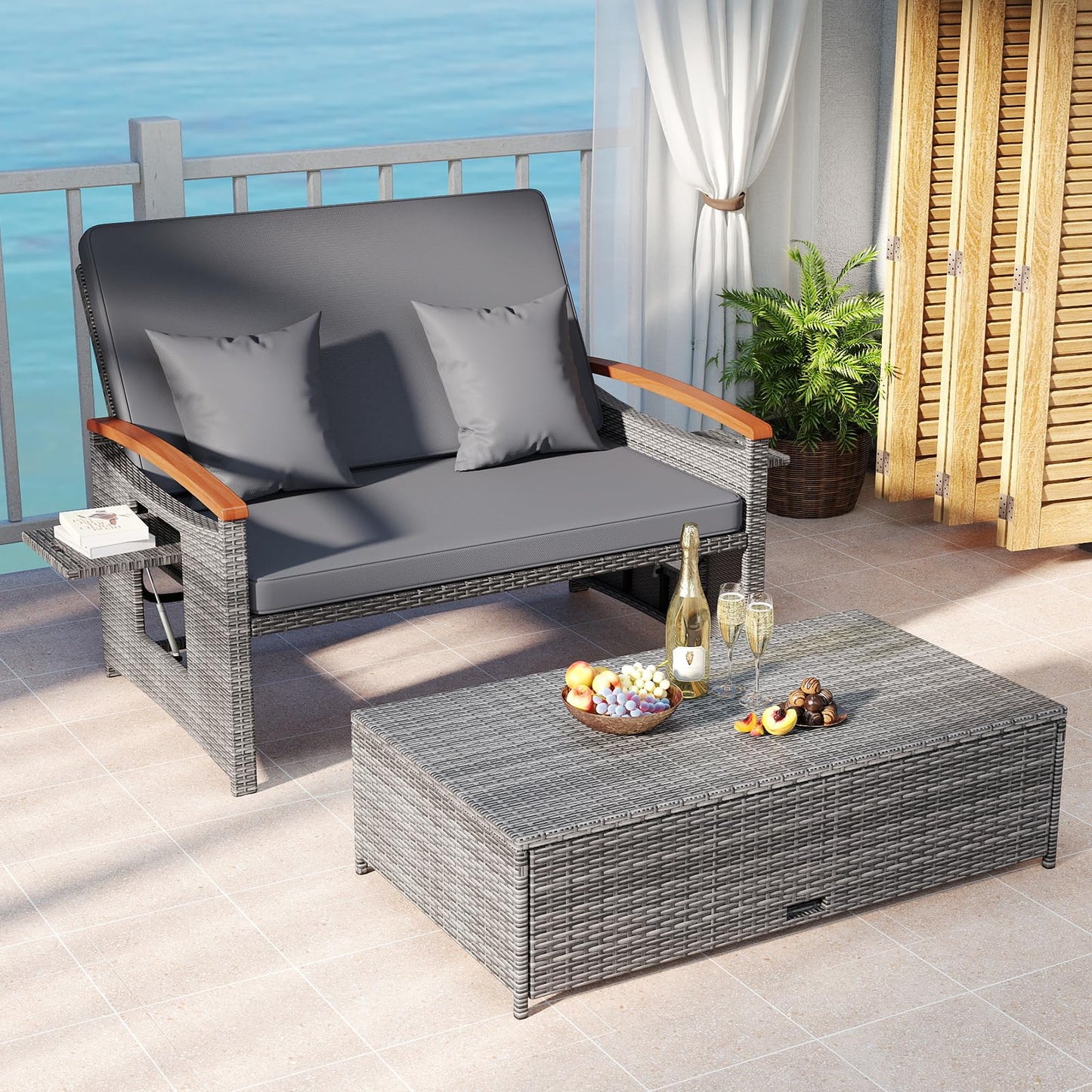 Tangkula Outdoor Wicker Loveseat with Acacia Wood Armrest Storage Ottoman & Folding Tray