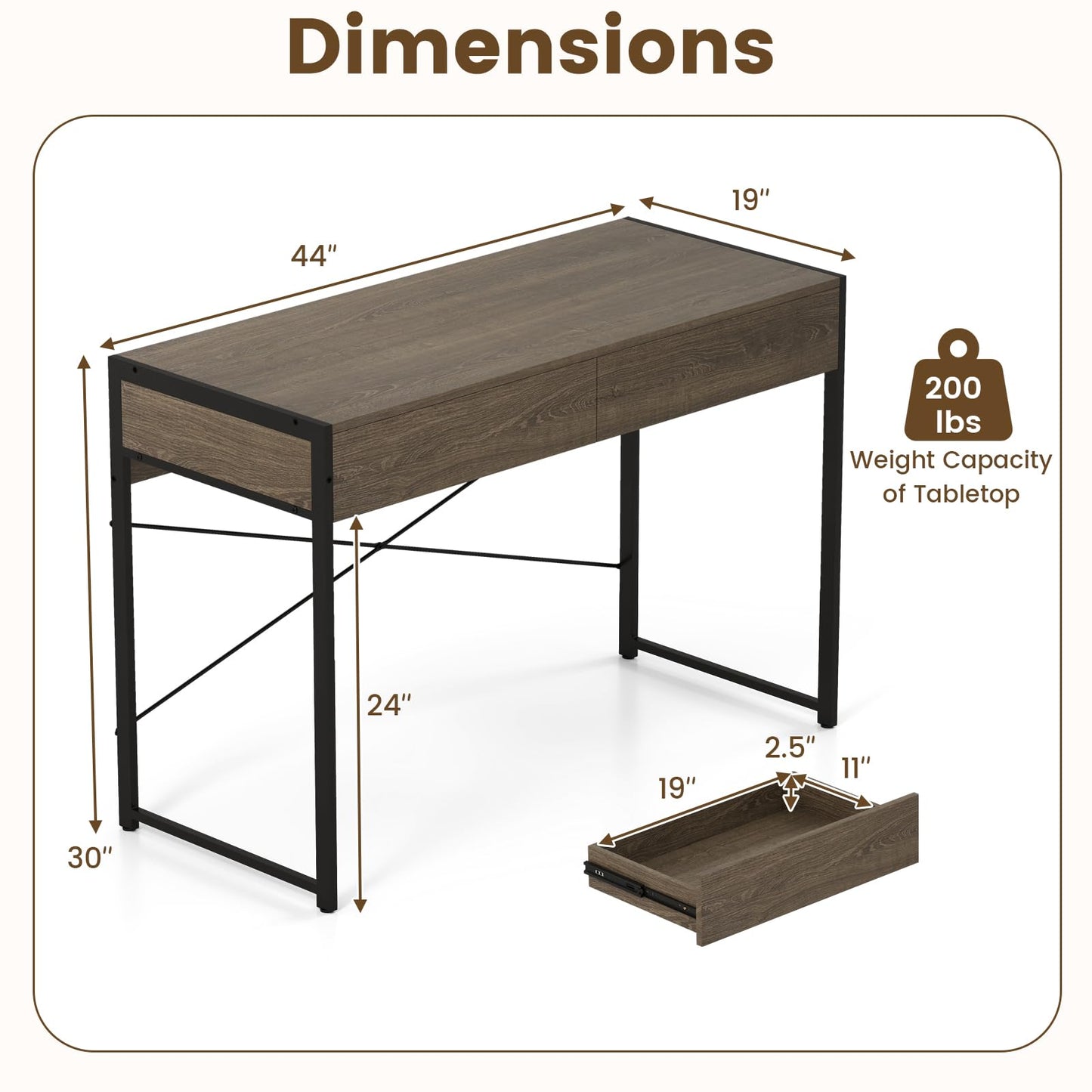 Tangkula Bureau informatique avec 2 tiroirs pour petit espace