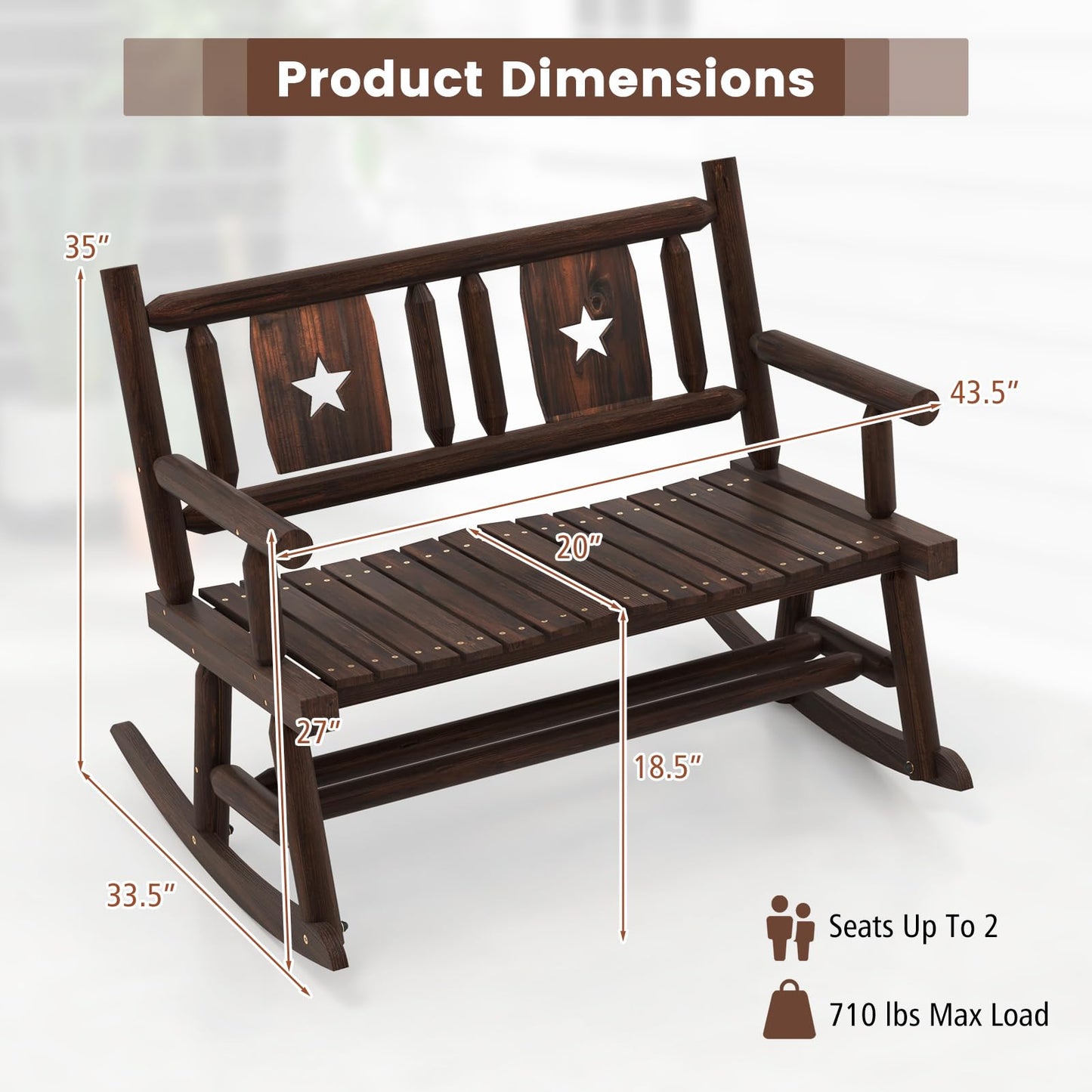 Tangkula Patio Rocking Bench, Carbonized Wood Double Rocker Chair with Ergonomic Seat