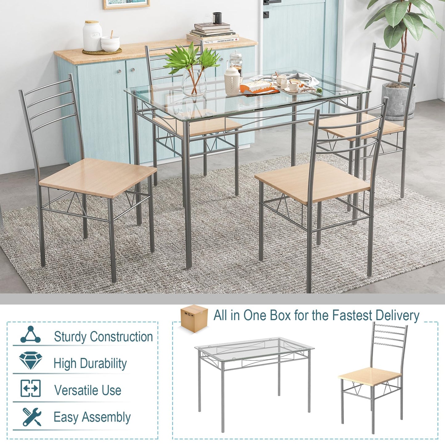 Tangkula Dining Table Set, 5 Pieces Dining Set with Tempered Glass Top Table and 4 Chairs