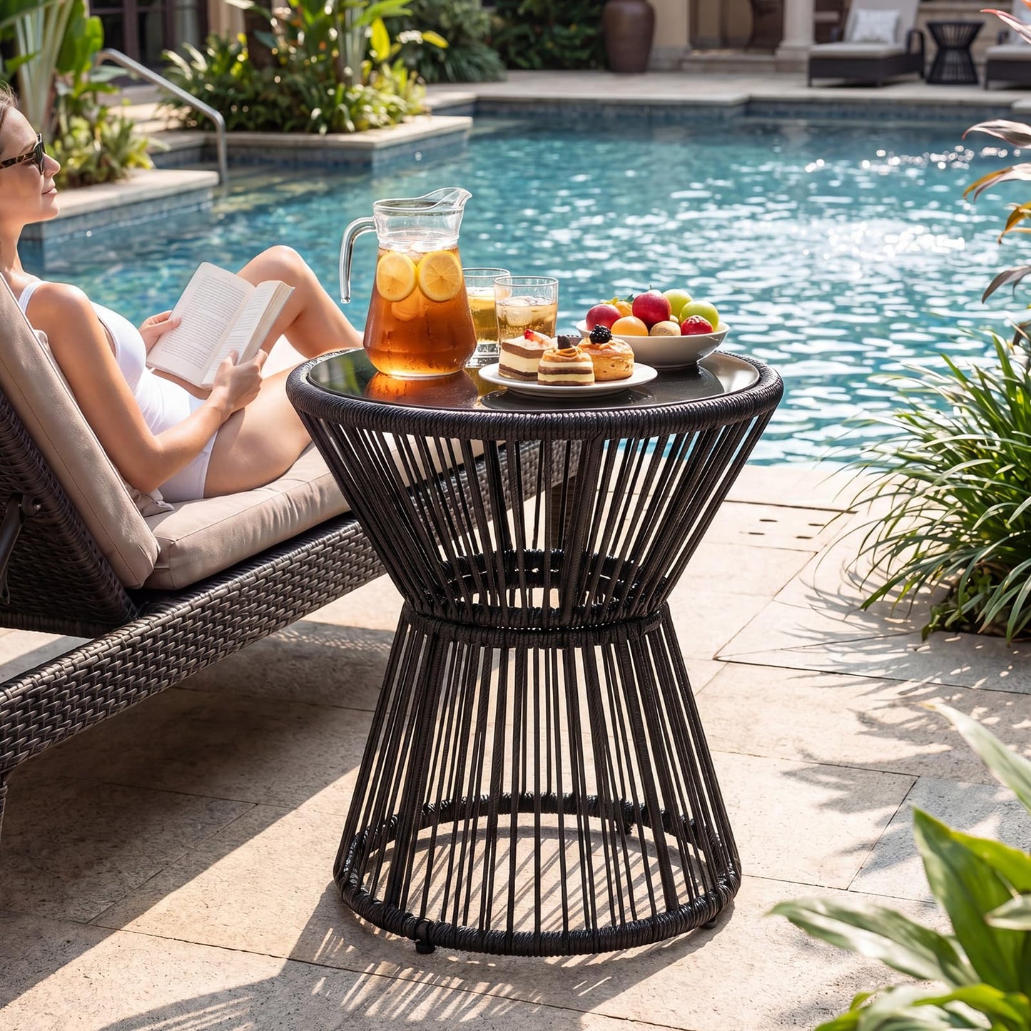 Tangkula PE Rattan Hourglass-Shaped Outdoor Side Table with LED Warm Light (1/2)