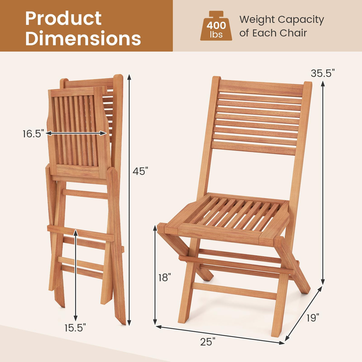 Tangkula Teak Wood Folding Patio Chairs Set of 2/4 ( Slatted Back )