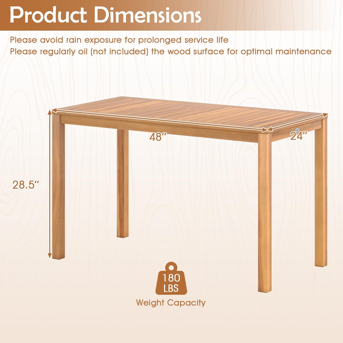 Tangkula Outdoor Acacia Wood Dining Table for 4-6