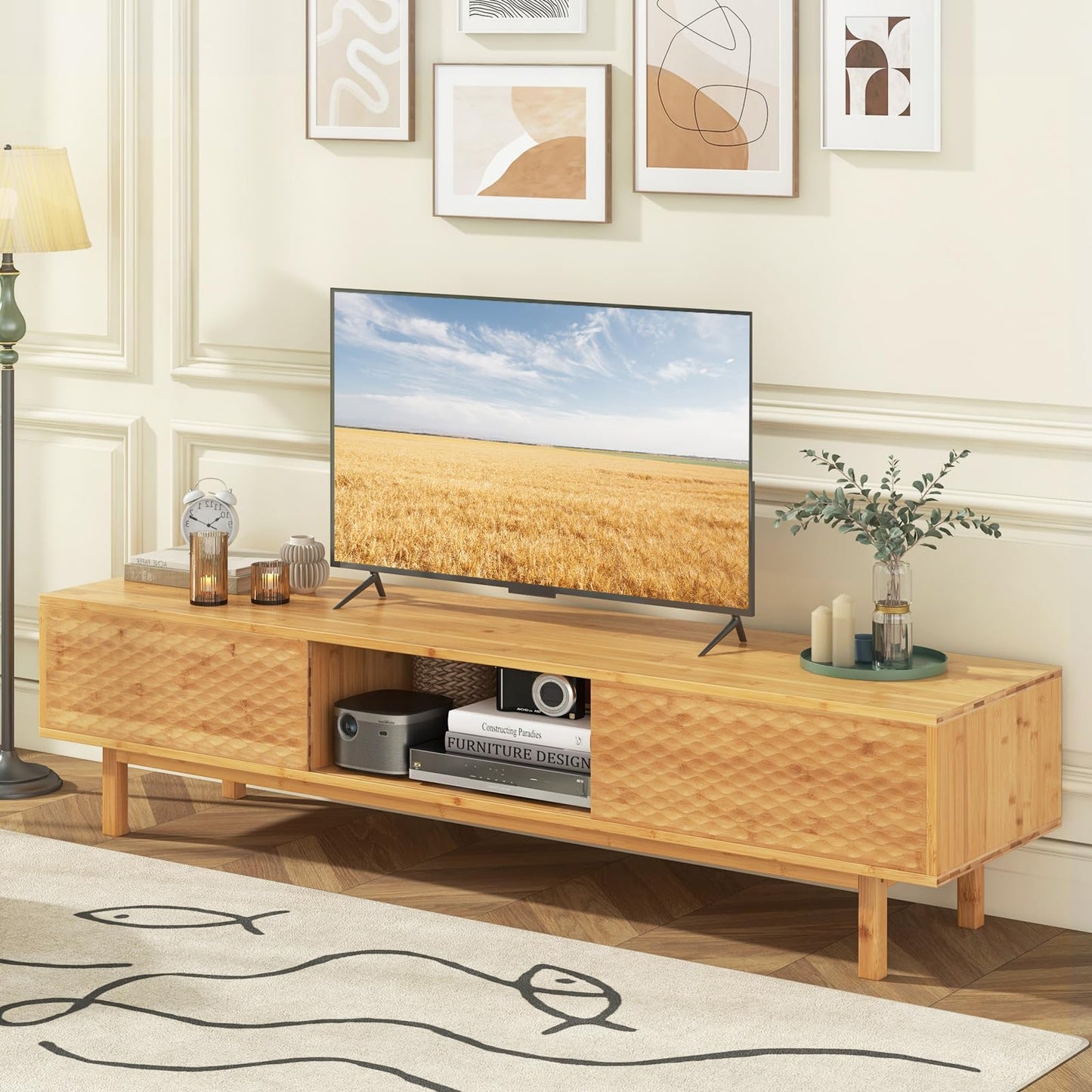 Tangkula Bamboo TV Stand for 65” 70” TVs