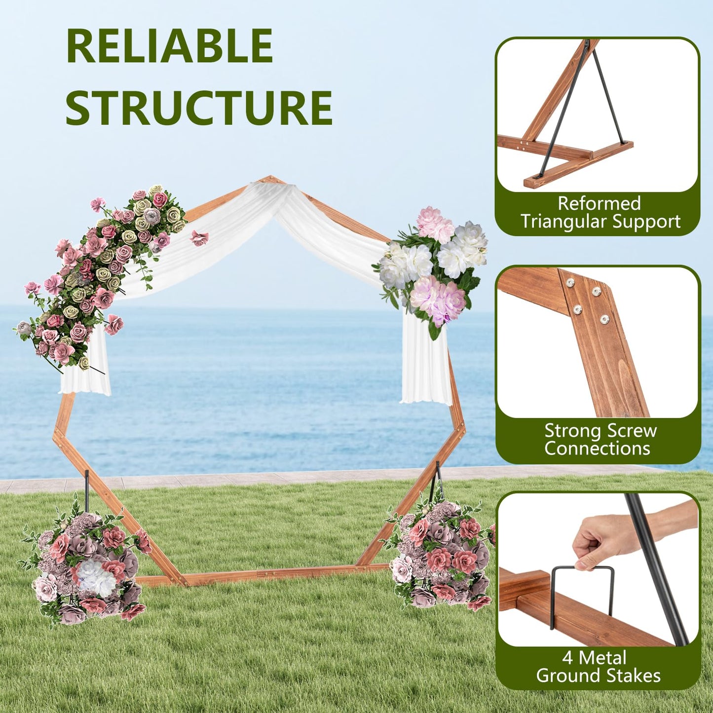 Tangkula 7FT Wedding Arch Heptagon Wooden Arch for Wedding Ceremony