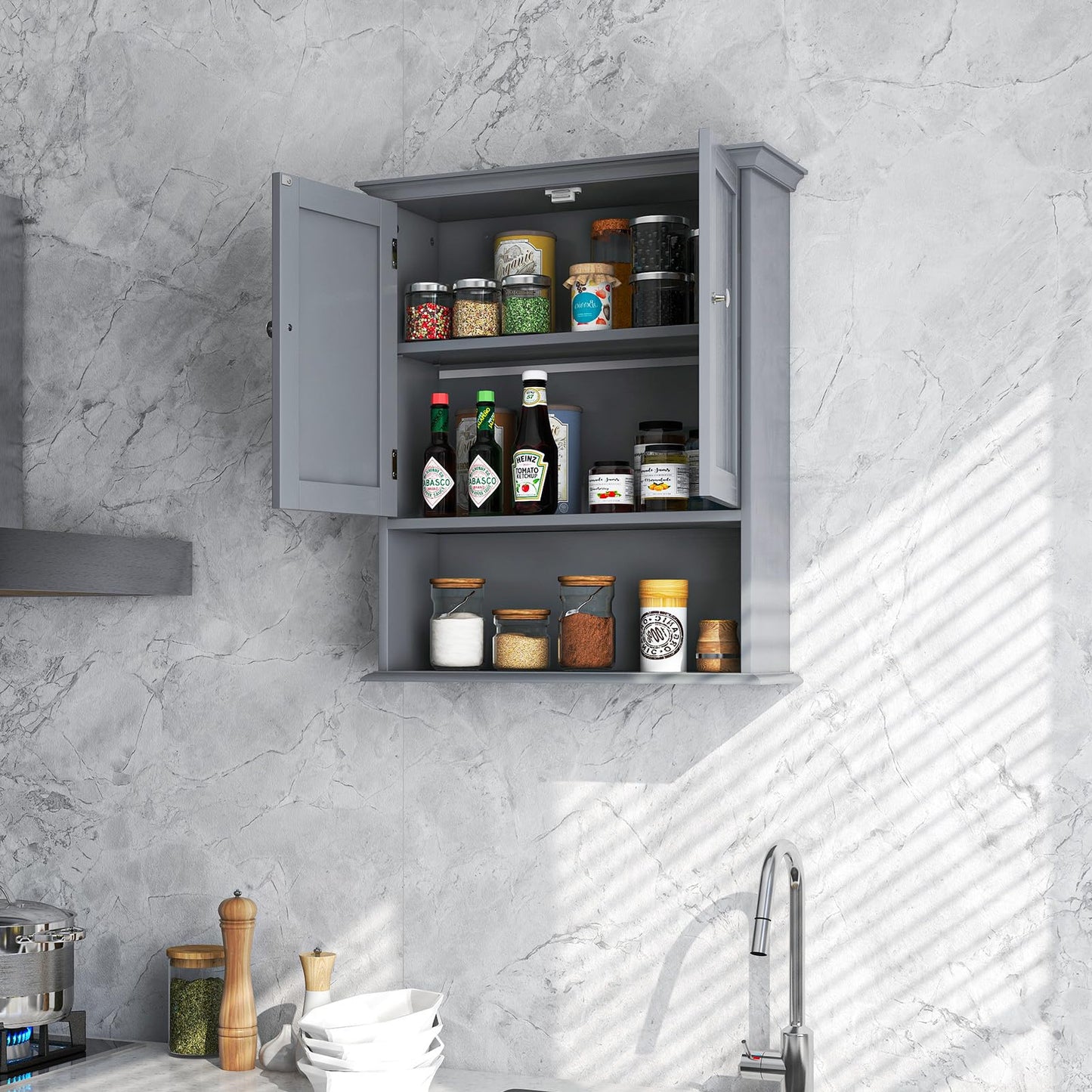 Tangkula Bathroom Wall Cabinet, Wooden Hanging Storage Cabinet with Doors & Shelves