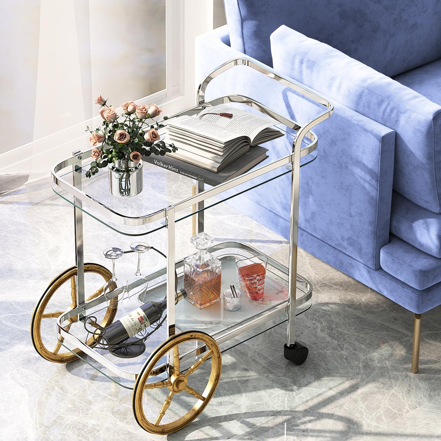 Tangkula Bar Cart for The Home, 2-Tier Rolling Tempered Glass Serving Cart, 2 Large Gold Aluminum Wheels & 2 Casters