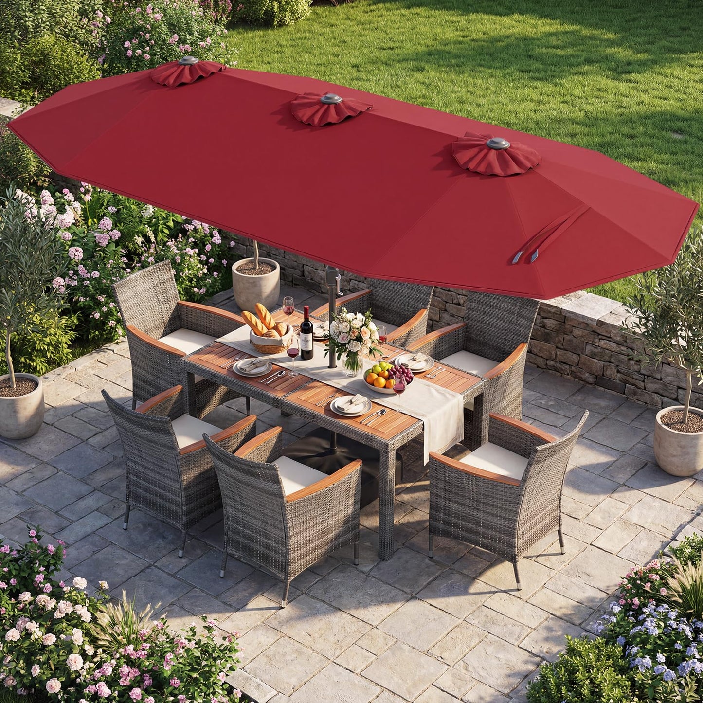 Tangkula 9 Piece Rattan Outdoor Dining Set with 13Ft Umbrella for 6