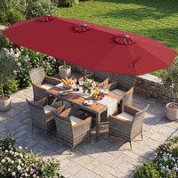 Tangkula 9 Piece Rattan Outdoor Dining Set with 13Ft Umbrella for 6
