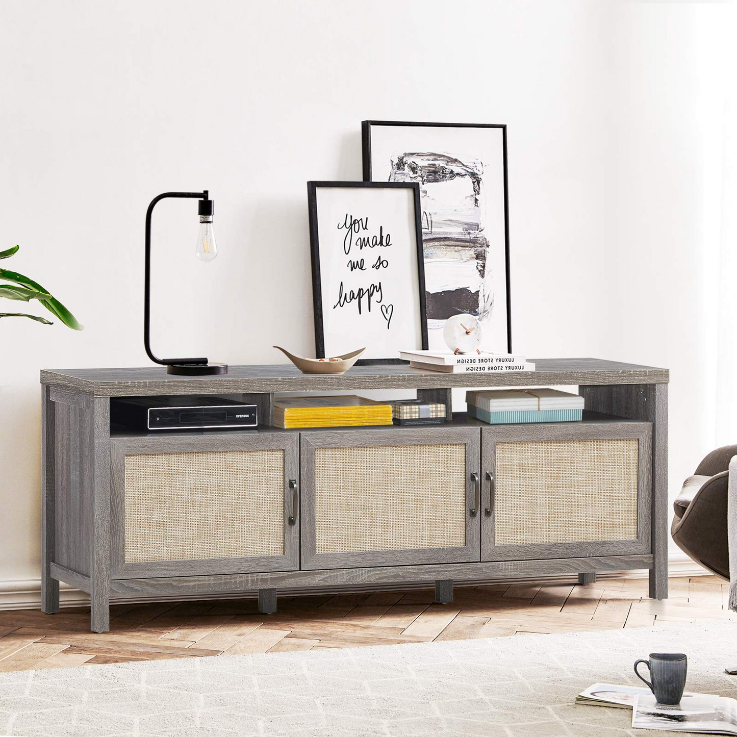 Tangkula Farmhouse Rattan TV Stand, 62 Inches Modern Boho Entertainment Center for TVs up to 65/70 Inches