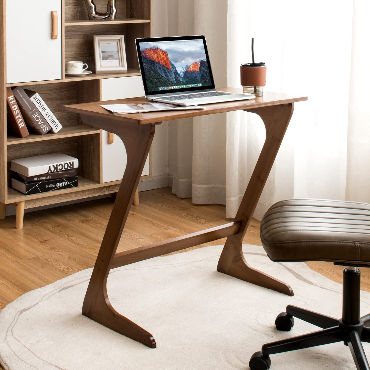 Bamboo TV Tray Sofa Side Table, Z-Shaped Couch Table with 29.5'' x 16'' Tabletop