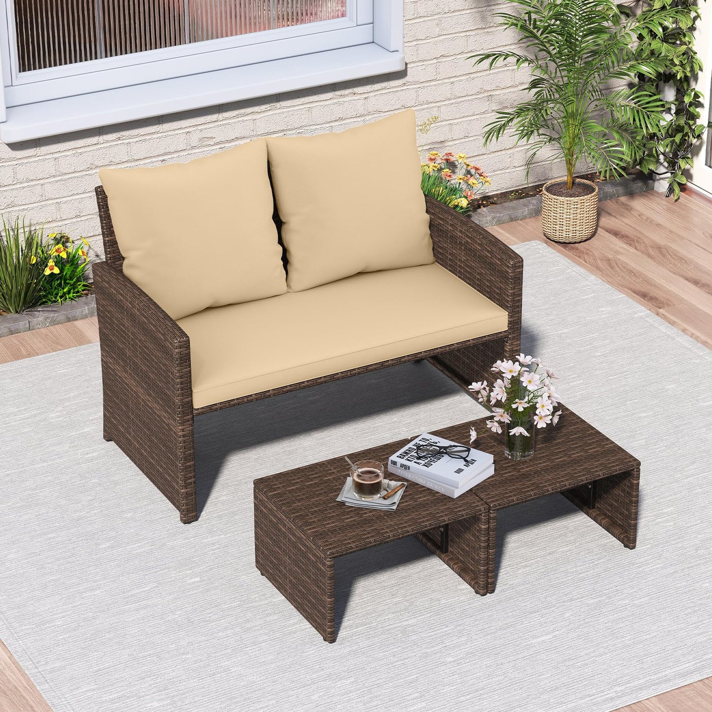Tangkula Causeuse d'Extérieur 3 Pièces avec 2 Ottomans