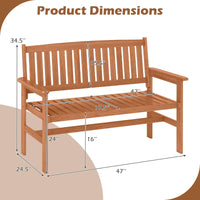 Tangkula Wooden Garden Bench 2-Person Patio Loveseat with Slatted Backrest and Comfortable Armrests