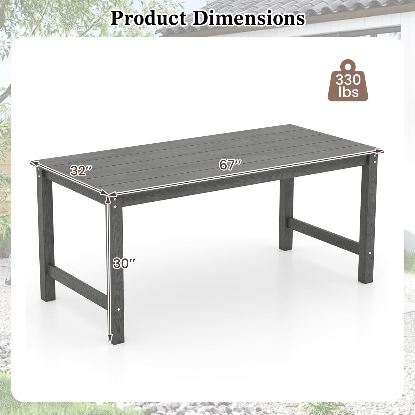 Tangkula 67" HDPE Outdoor Dining Table with Wood-Like Tabletop and Umbrella Hole