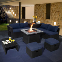 Tangkula 9 Pieces Outdoor PE Rattan Sectional Sofa with 35-Inch Gas Fire Pit Table