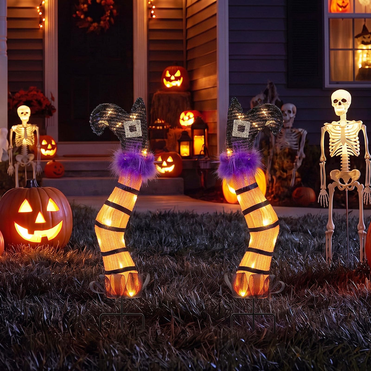 Tangkula Set of 2 Halloween Lighted Witch Legs Decorations with Stakes