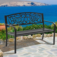 Outdoor Steel Garden Bench Park Bench, 50 Inch Patio Welcome Bench with Slated Seat & Floral Design Backrest