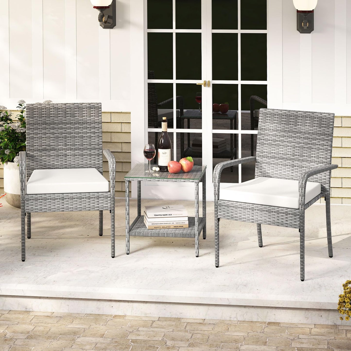 Tangkula 3 Pieces Patio Furniture Set with 2 Tier Tempered Glass Tabletop Table