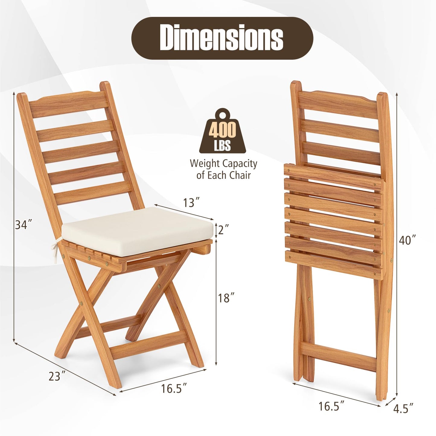 Tangkula Patio Folding Chairs Set, Acacia Wood Slatted Dining Chairs w/Soft Seat Cushion