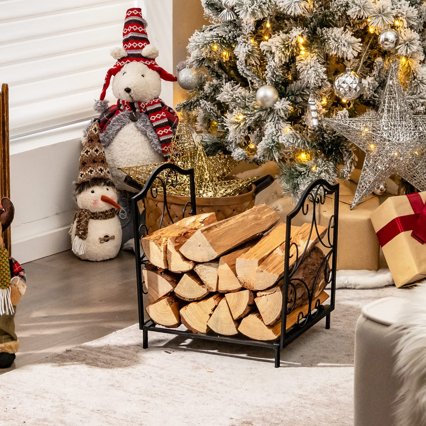 Tangkula Firewood Rack, Indoor Outdoor Heavy Duty Steel Log Holder for Fireplace Wood Storage