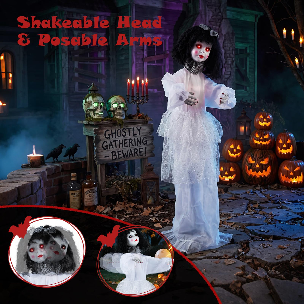Tangkula 4 FT Animated Halloween Doll Girl with Shaking Head & Posable Arms