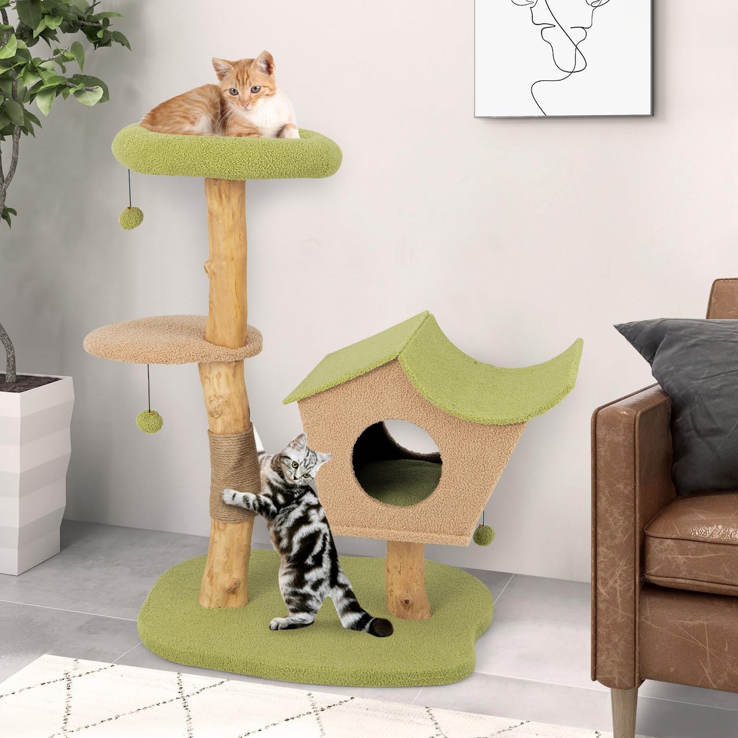 Tangkula Cat Tree, Solid Wood Cat Tower with Jute Scratching Post, Cat Condo, Perch, Jingling Ball