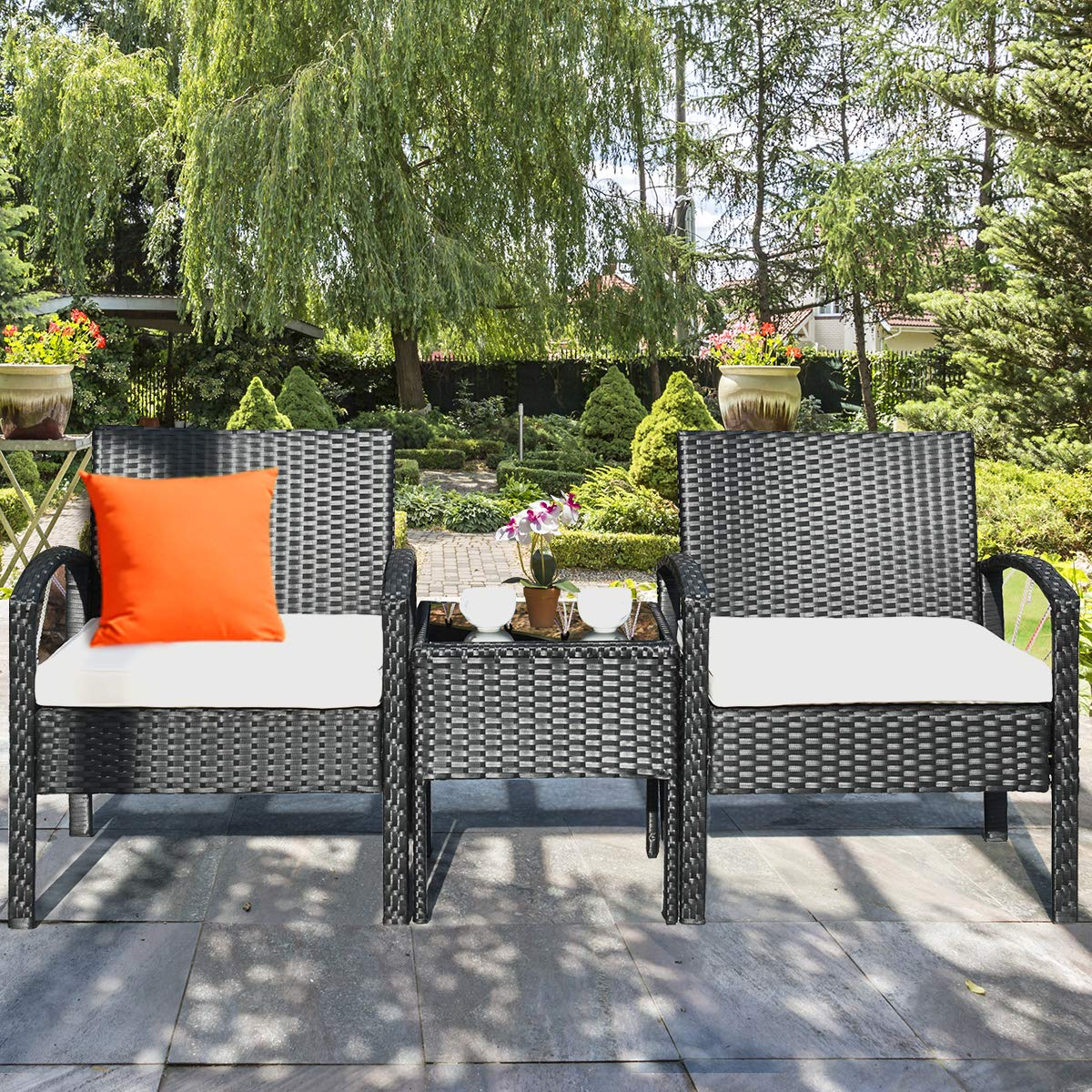 Tangkula 3 Piece Patio Conversation Set, Outdoor Rattan Sofa Set with White Seat Cushions & Coffee Table