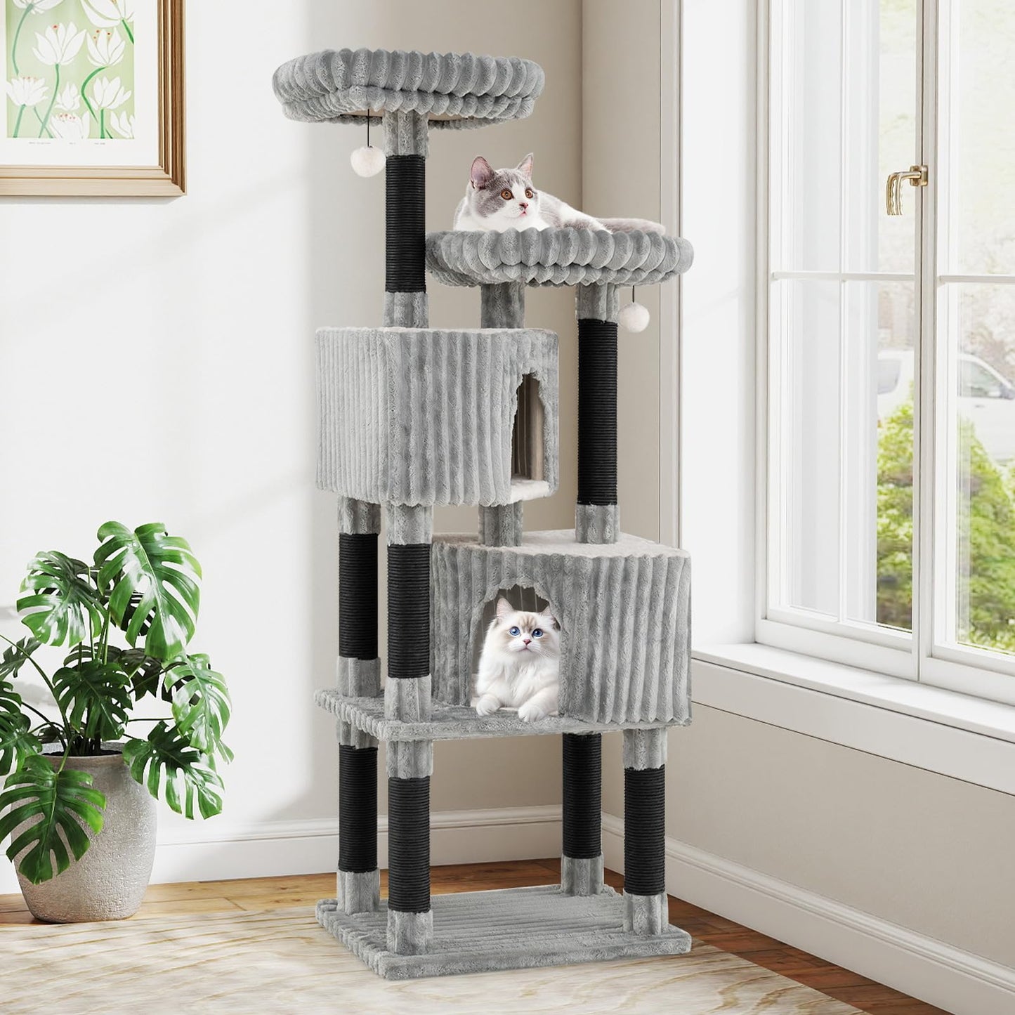 Tangkula 62 Inch Tall Carpet Cat Tree with Scratching Posts 2 Condos 2 Perch Beds
