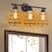 Tangkula 3-Light Vintage Vanity Lights, Industrial Metal Wire Cage Wall Sconces(Black & Golden)