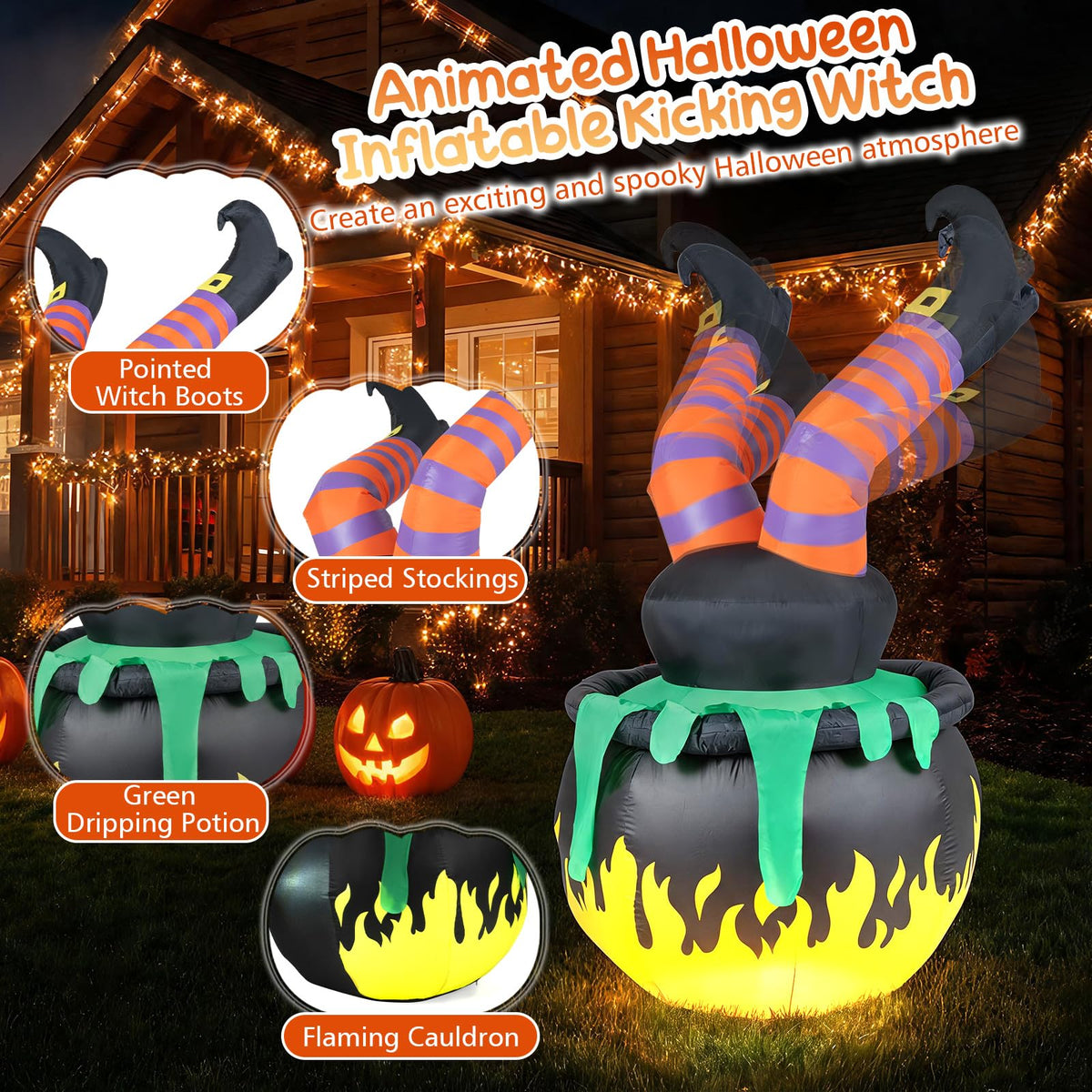 Tangkula 6 FT Animated Halloween Lighted Inflatable Kicking Witch