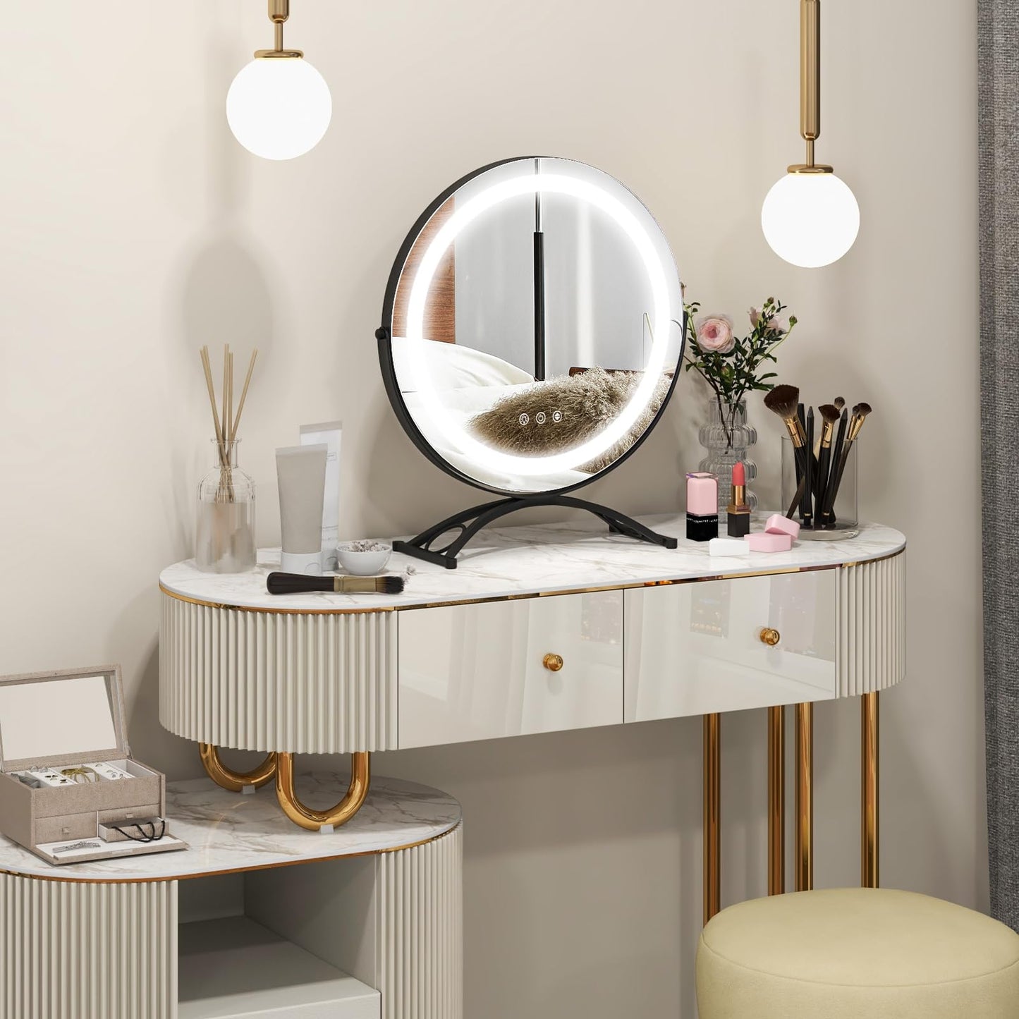 Tangkula Miroir de courtoisie de 16 po avec lumières, miroir de maquillage lumineux à LED à 3 couleurs à intensité variable avec écran tactile