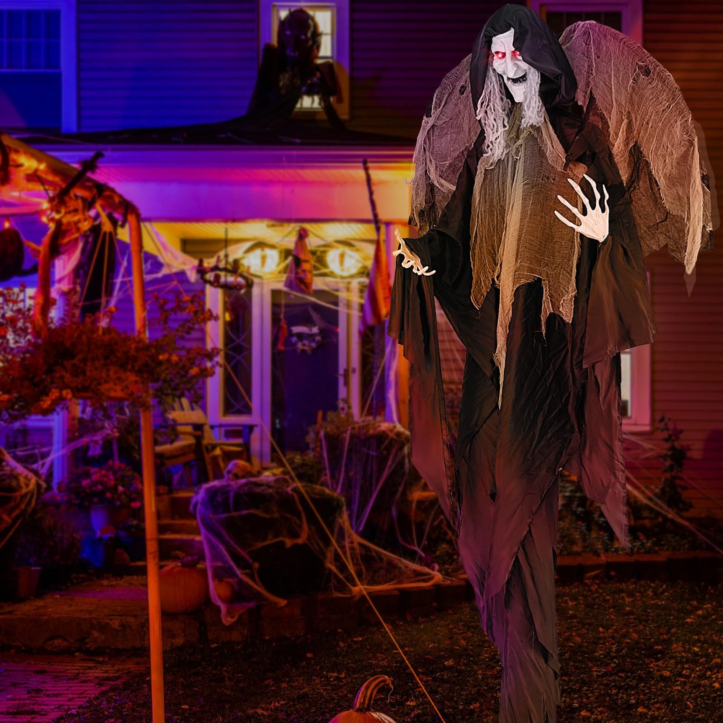 Tangkula 8.2 FT Halloween Animatronics Standing Witch with Wings, Voice Activated Ghost with Lighted Eyes