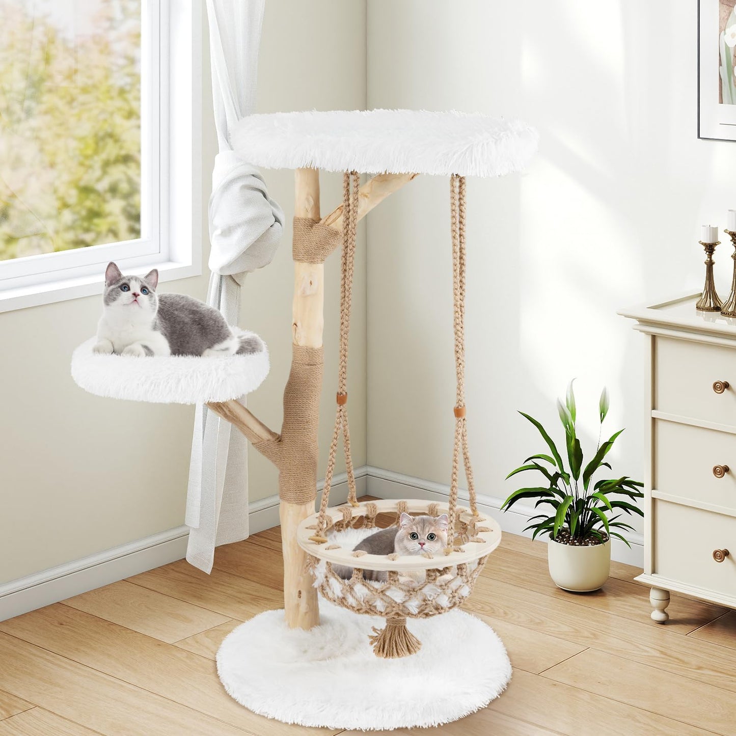 Tangkula 48.5” Natural Branch Modern Cat Tower with Luxury Hanging Cradle