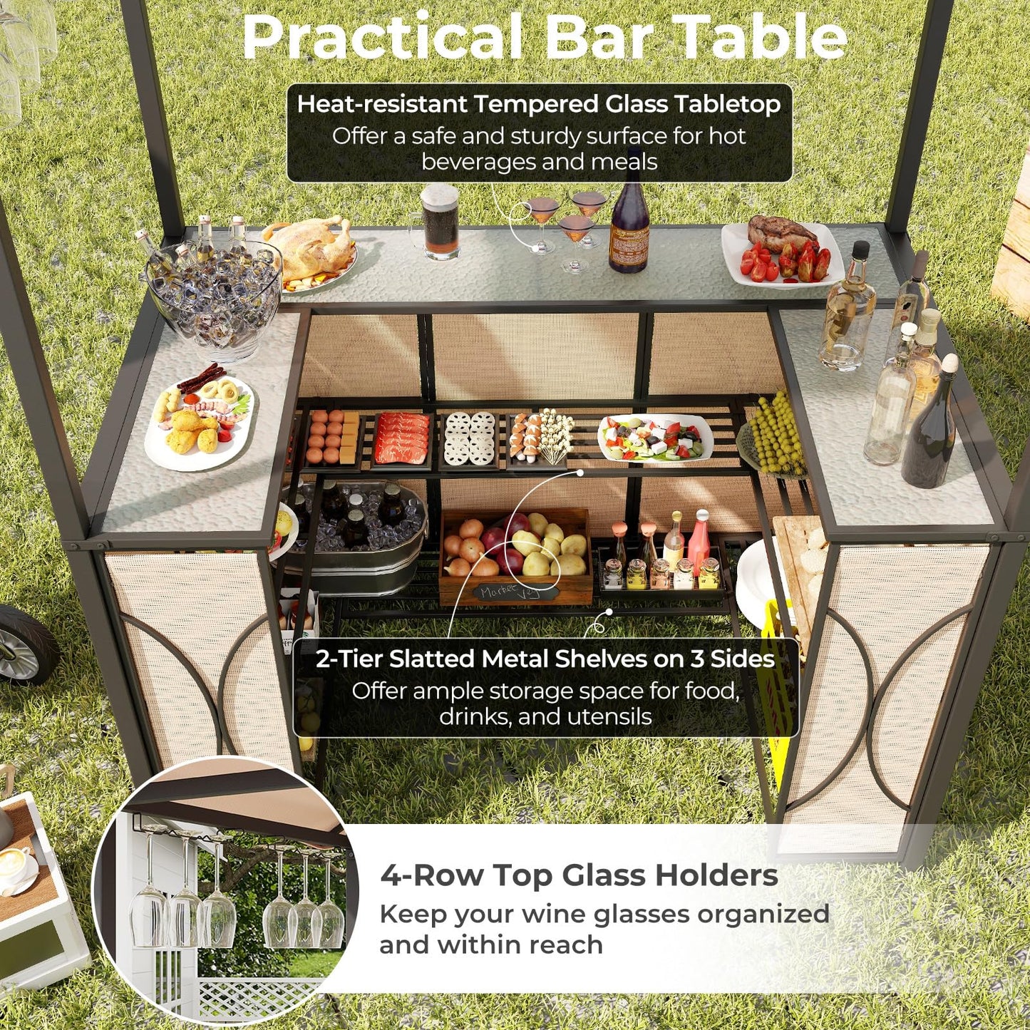 Ensemble de bar de terrasse 3 pièces Tangkula, tonnelle de barbecue et 2 tabourets de bar avec table de bar en verre trempé, étagères de rangement en métal