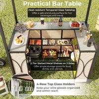 Ensemble de bar de terrasse 3 pièces Tangkula, tonnelle de barbecue et 2 tabourets de bar avec table de bar en verre trempé, étagères de rangement en métal