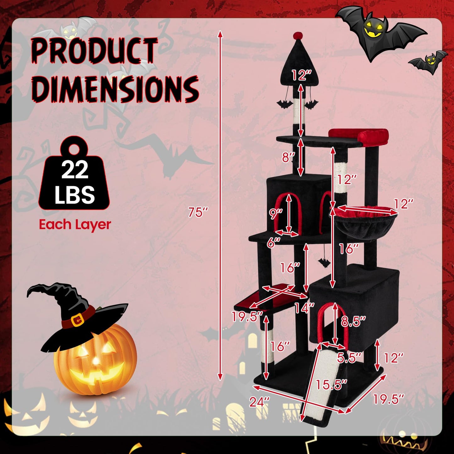 Tangkula 75" Tall Halloween Cat Tower with Sisal Scratching Posts & Ramp