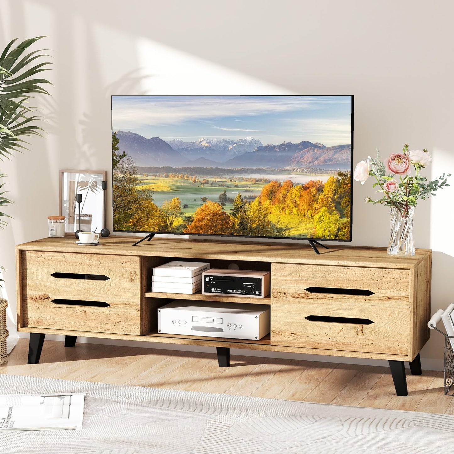 Tangkula Mid Century Modern TV Stand with Sliding Doors for 65” TVs
