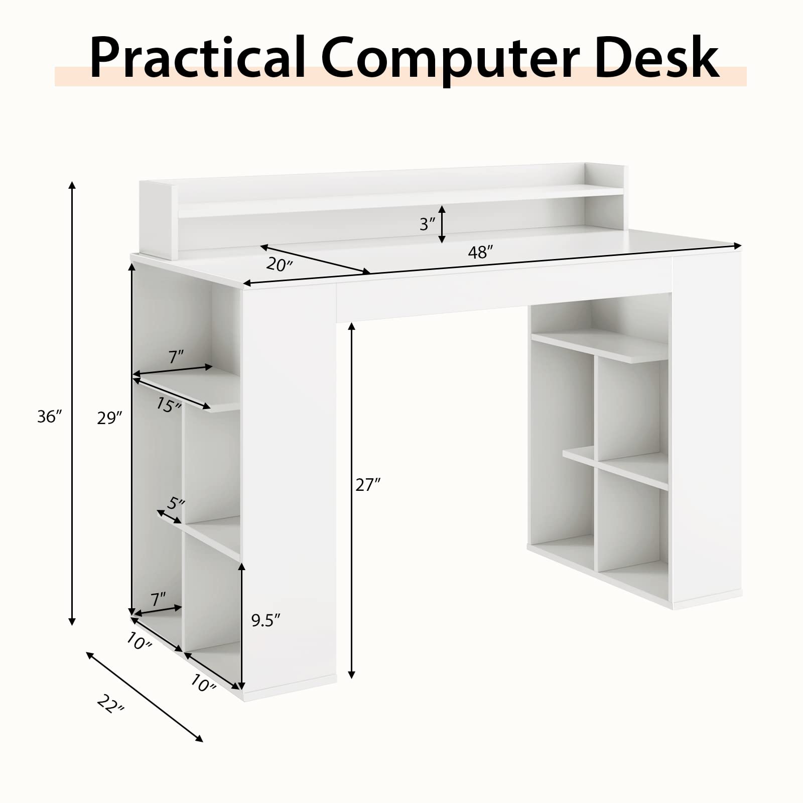 48" White Desk with Storage Bookshelf - Tangkula