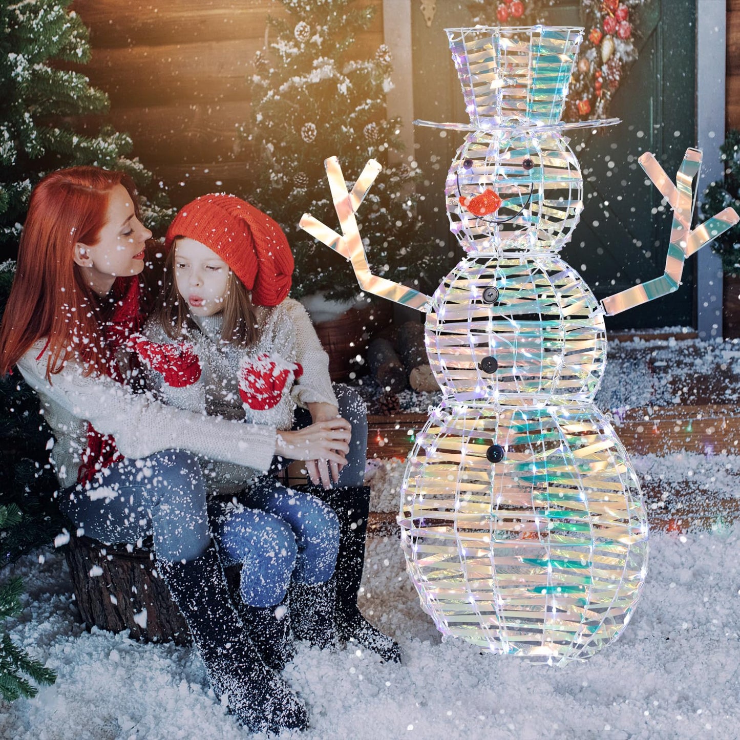 Tangkula 4 FT Christmas Lighted Iridescent Snowman, Pre-Lit Christmas Decoration with 100 White LED Lights