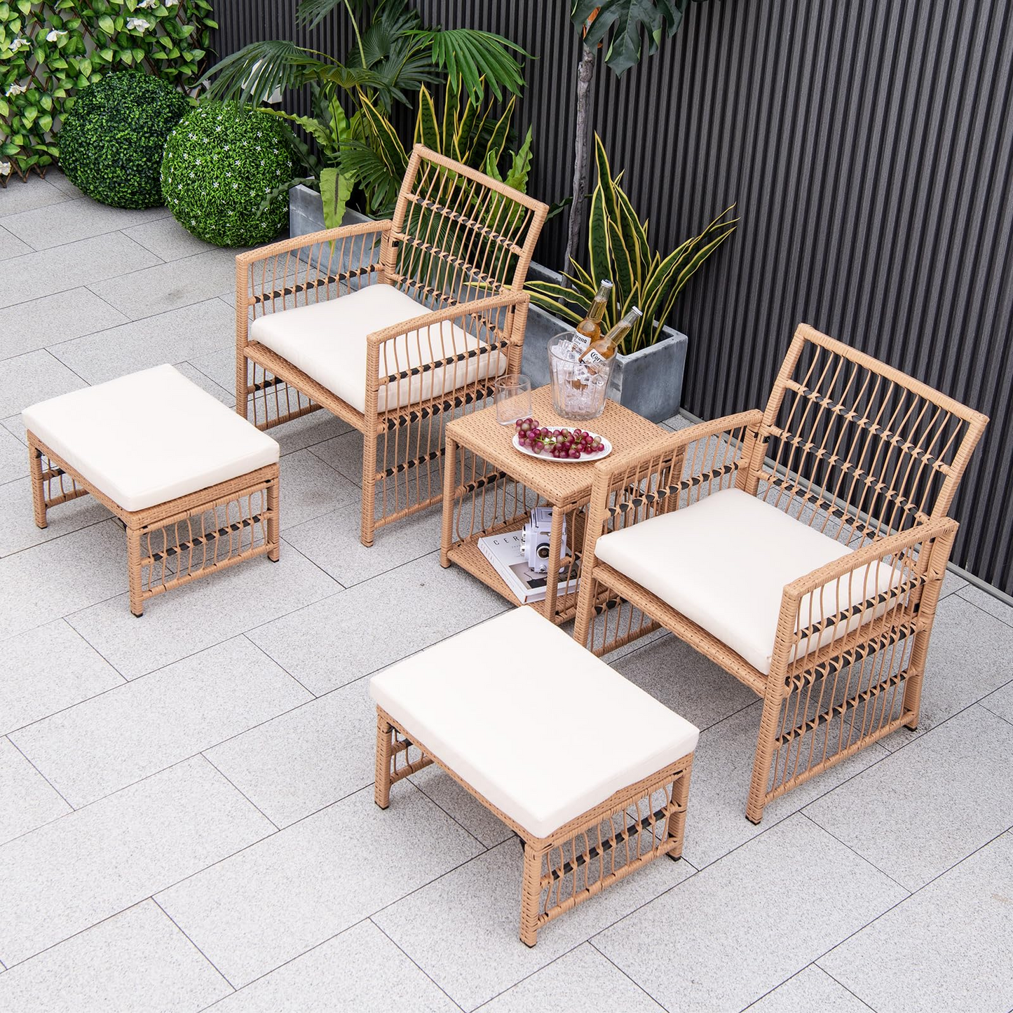 Tangkula 5 Piece Patio Wicker Sofa Set, Outdoor Rattan Conversation Set with Seat & Back Cushions (Natural)