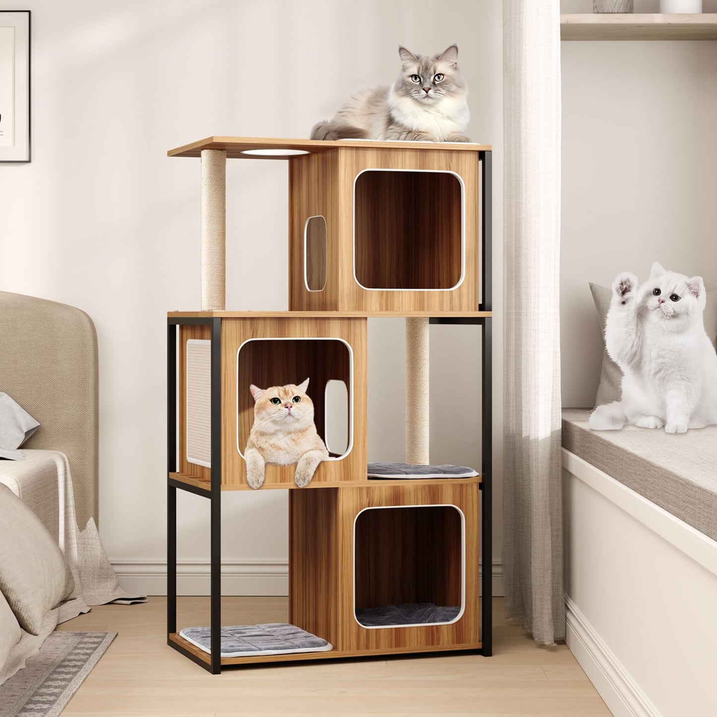 Tangkula Modern Cat Tree, 52 Inch Wooden Cat Condos with Metal Frame, Sisal Scratching Posts & Board