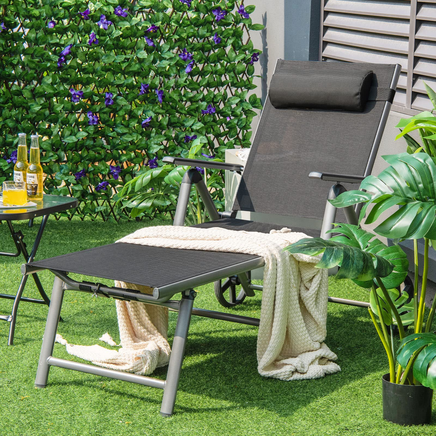 Tangkula Outdoor Aluminum Chaise Lounge Chair with Wheels