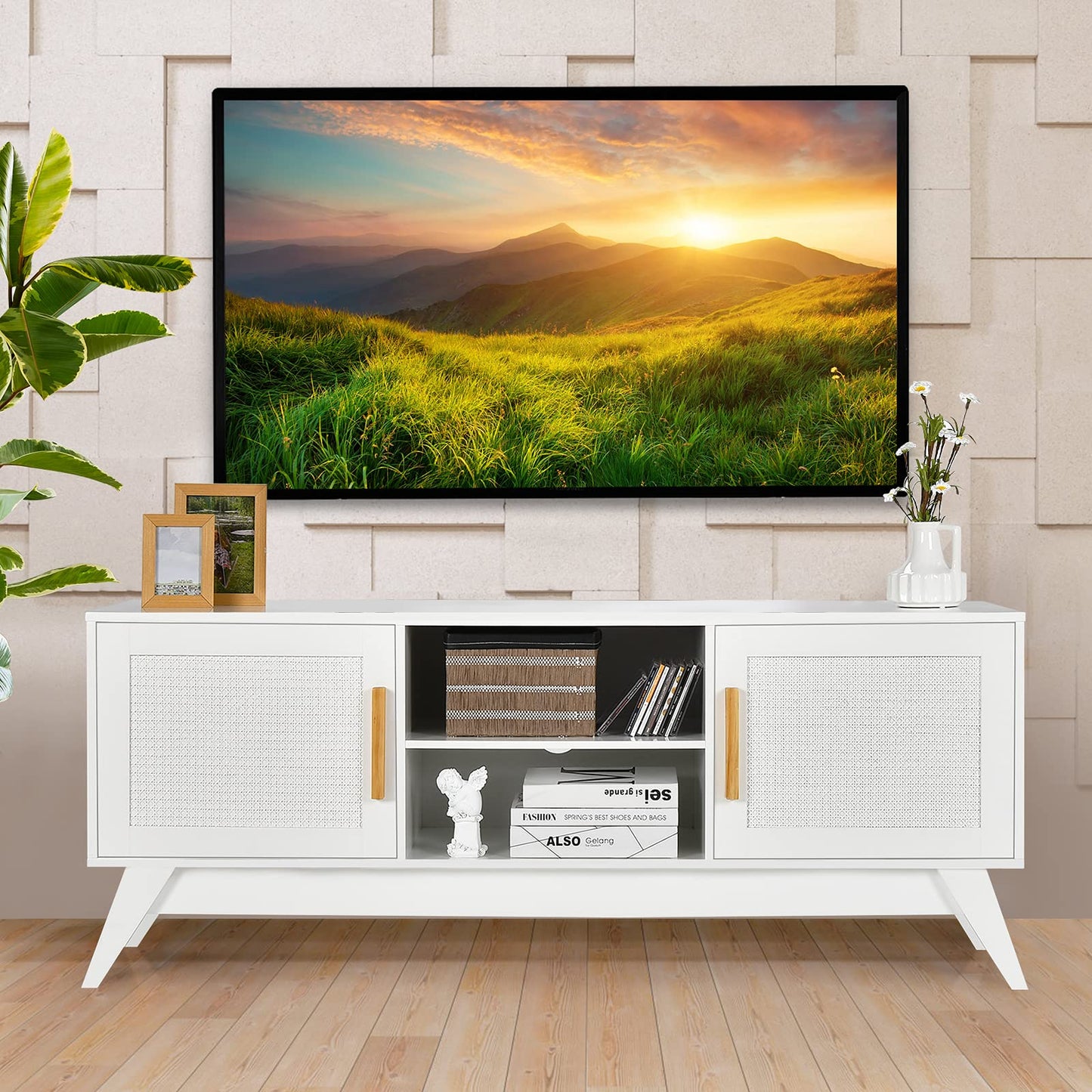 Tangkula Rattan TV Stand for TVs Up to 65 Inches with Cable Holes for Bedroom Living Room