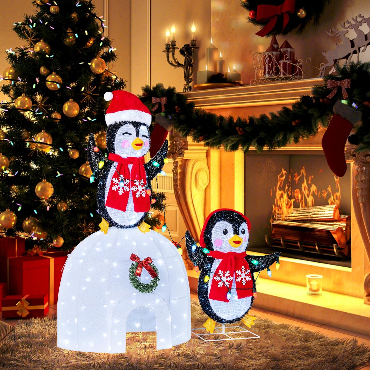 Tangkula Lighted Christmas Penguins & Igloo Decorations