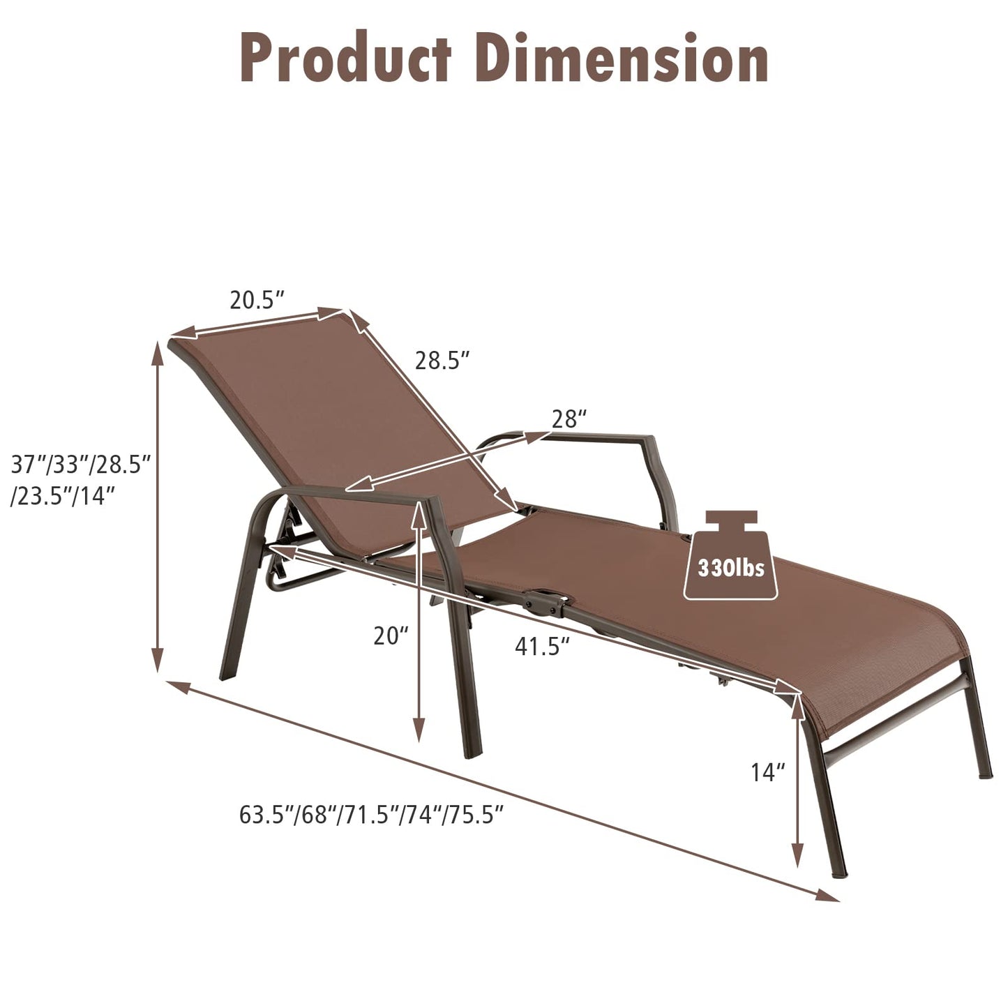 Tangkula 2 Piece Patio Adjustable Folding Stackable Chaise Lounge W/ 5-Position Backrest (Brown)