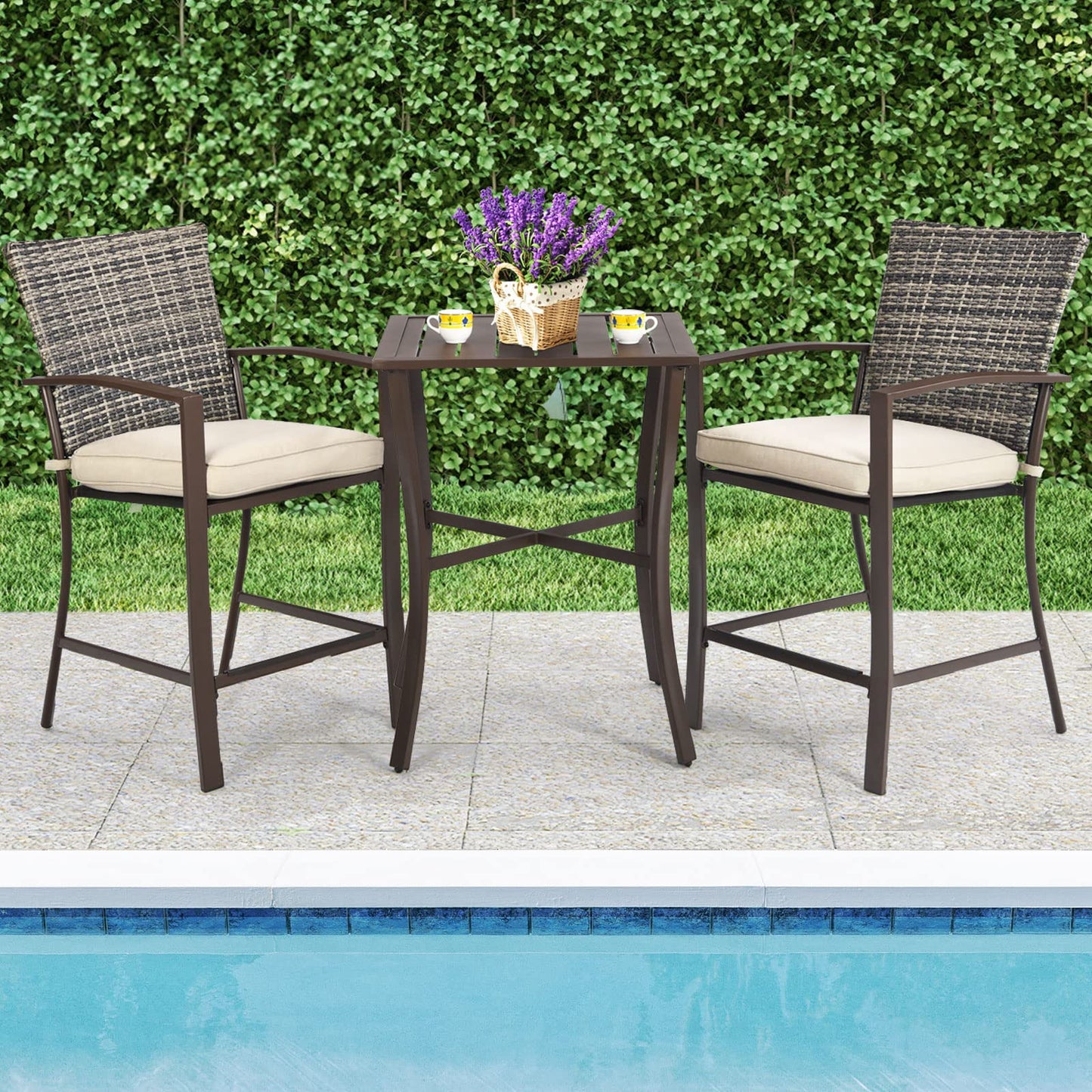 3 Piece Patio Bar Set, Outdoor Bar Stool Bistro Set w/ 27.5" Square Table, 2 Wicker Cushioned Chairs