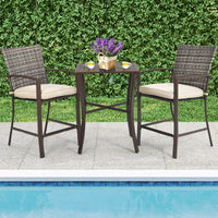 3 Piece Patio Bar Set, Outdoor Bar Stool Bistro Set w/ 27.5" Square Table, 2 Wicker Cushioned Chairs