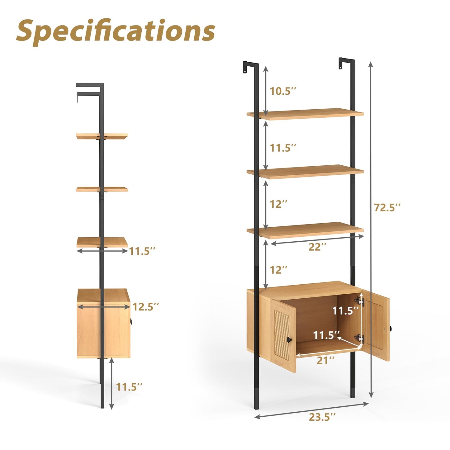 Tangkula Wall-Mounted Ladder Shelf Boho 5-Tier Bookshelf(1/2)